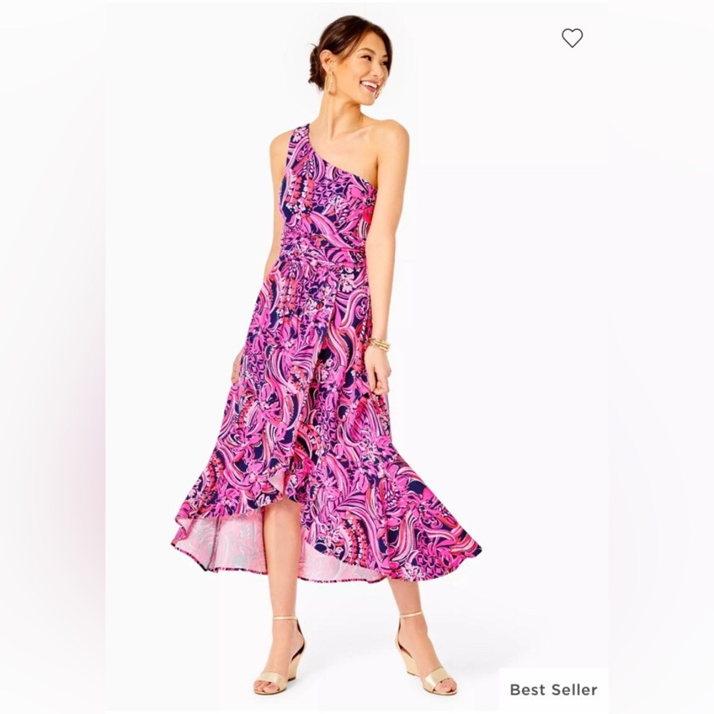 Lilly Pulitzer Monico One Shoulder Low Tide Pink Navy Midi Dress - Small